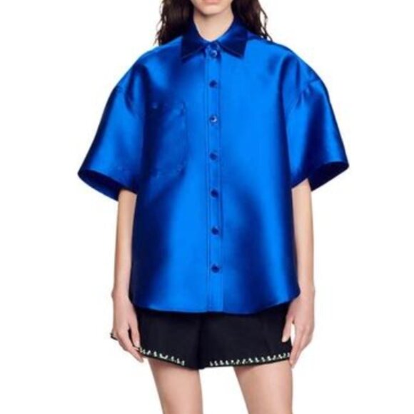 Sandro June Short Sleeve Satin Shirt in Electric Blue Size 2 (US 6) 6275 - Picture 1 of 3